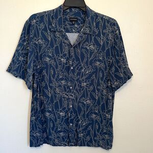 CLUB MONACO Camp Collar Bird Of Paradise Floral Boho Button Down Shirt, Blue - L